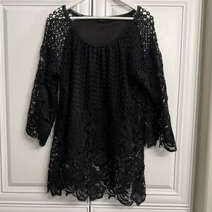 Ciao Bella Size L/XL Black Crochet Shift Mini Dress Tunic Style Beach Cover-Up